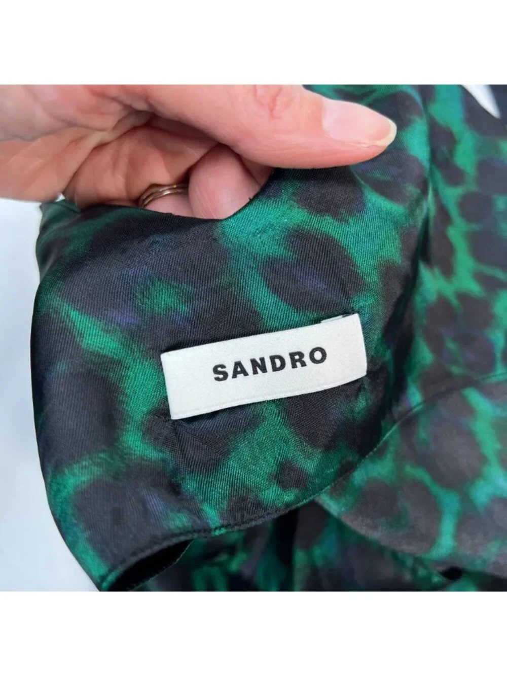 Sandro Amazonie Leopard Print Satin Midi Slip Dress Green Animal Print US 4 - Picture 8 of 16